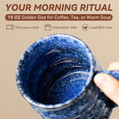 Unique Reactive Glaze Ceramic Coffee Mug - 15 oz Large Coffee Cup with Ergonomic Handle, Sakura Blue Ceramic Mug for Office & Home, Great Birthday Gift for Women, Men & Self-Care, Microwave Safe