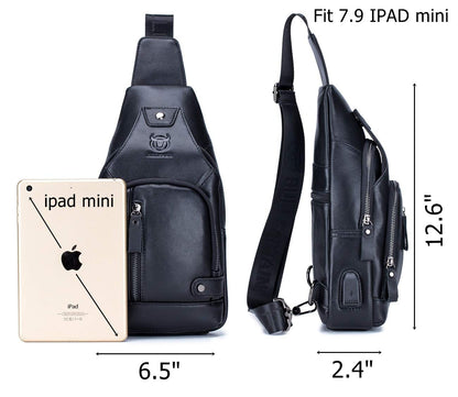 BULLCAPTAIN Genuine Leather Mens Sling Bag Multipurpose Travel Crossbody Chest Bag Daypacks with USB Charging Port (Black)
