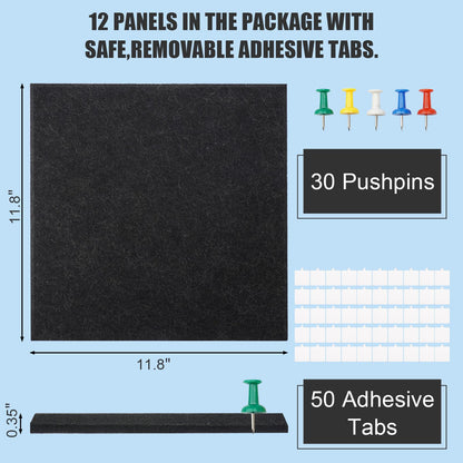 Large Cork Board Alternative 48" X 36" Black Bulletin Board - 12 Pack Removable Felt Wall Tiles with 30 pushpins, Large Cork Boards for Walls Cork Board for Office Pin Board Tack Board