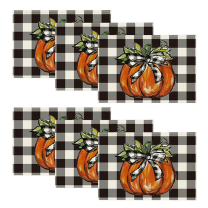Artoid Mode Buffalo Plaid Pumpkin Bow Fall Placemats Set of 6, 12x18 Inch Seasonal Table Mats for Table Runner Party Kitchen Dining Decoration