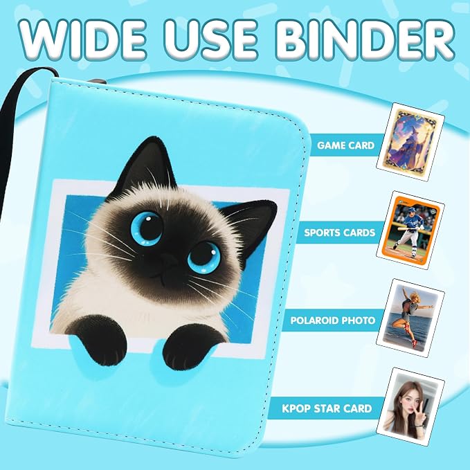 Cute Cat Card Binder, 400 Pocket Card Album for Girls Gifts, Black Cat kitten Trading Game Card Holder Album for Standard Size Cards, Collectible Game Collection Case (Blue)