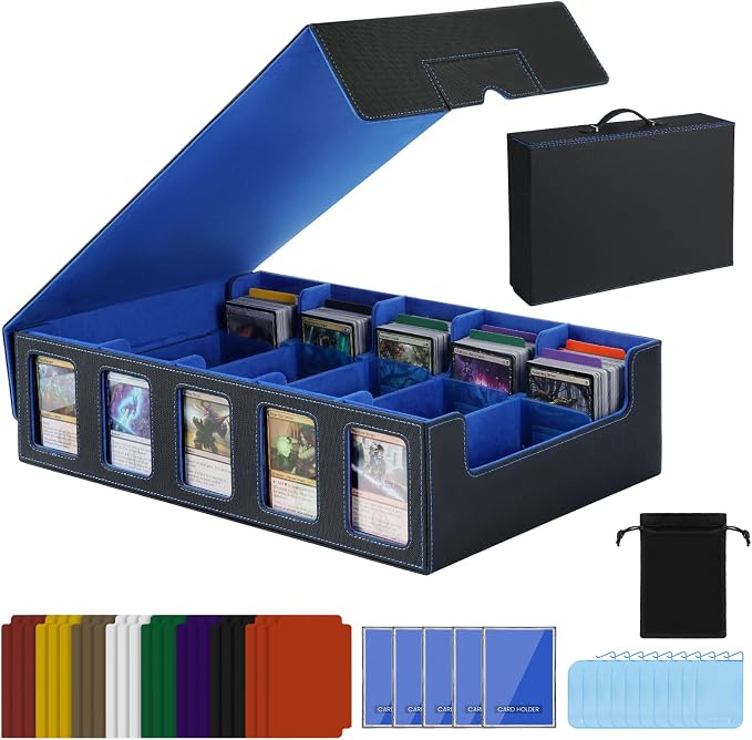 Trading Card Storage Box with Handle, 5-Row Portable Leather Game Case for 4000+ Cards,Blue Card Collection Box with Commander Display Window for MTG, Yugioh, and Sports Cards,Gifts for Card Collector