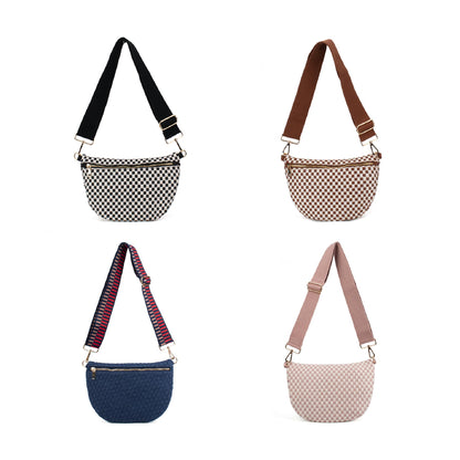 Babs + Birdie The Fiona | Woven Bum Bag | Stylish Woven Crossbody Pack | Adjustable Strap for Travel Festivals & Everyday | Brown & White Checkered