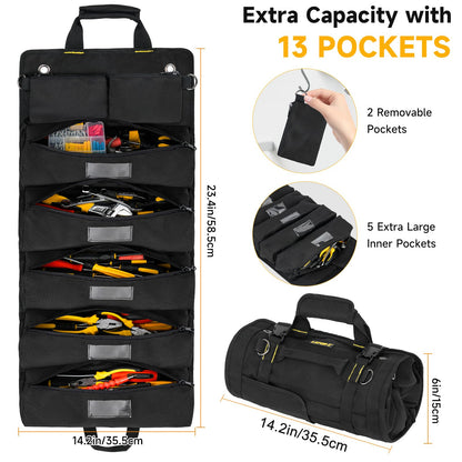 Tool Bag,Large Roll Up Tool Bag Organizer,13 Pockets Tool Roll Storage Pouch,Heavy Duty Portable Tool Storage Carrier Bag for Men,Mechanic,Electrician,Valentines Day Gifts for Men,Black