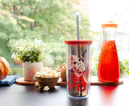 Friday The 13th: The Final Chapter Plastic Cold Cup With Leak-Resistant Lid and Reusable Straw | Travel Tumbler For Drinks, Beverages | Holds 20 Ounces
