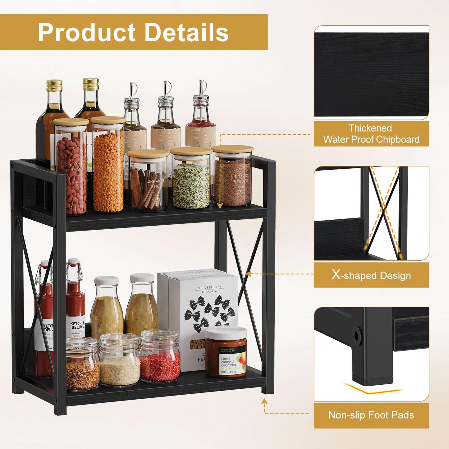 Giikin Kitchen Countertop Organizer, 2 Tier Coffee Bar Organizer, Black Spice Rack for Counter, Kitchen Counter Shelves, Particleboard, Large Size (15.8" L x 7.9" W x 15.8" H), Black
