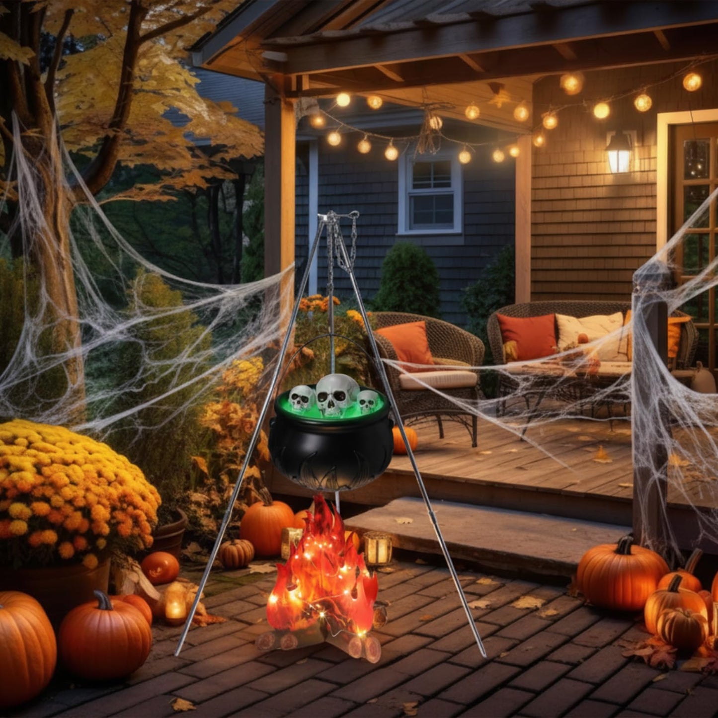 WinnerWhy 11 Pcs Large Witches Cauldron Halloween Decor Set Cauldron on Tripod with Spider Webs Fake Fire String Lights Skulls for Halloween Indoor and Outdoor Party Supplies