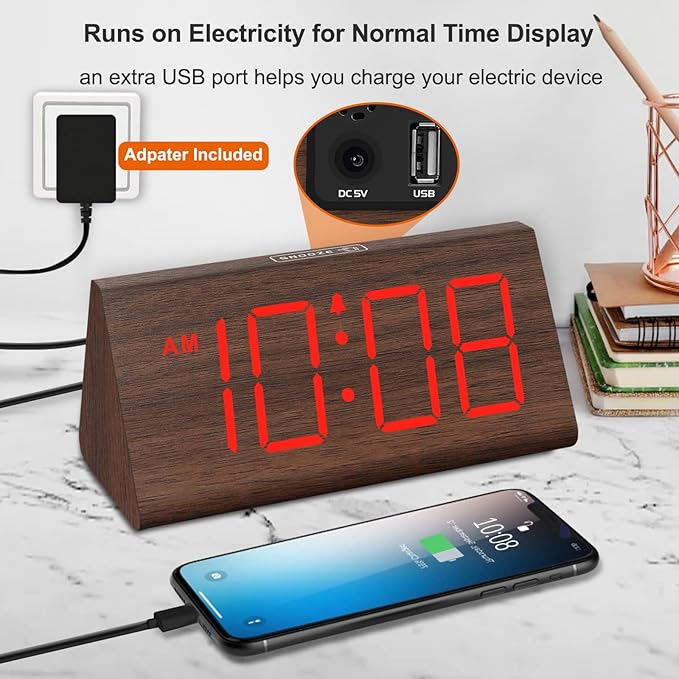 DreamSky Wooden Digital Alarm Clock for Bedrooms with Large Numbers | Electric Desk Clock, USB Port, Loud Alarm for Heavy Sleepers, Adjustable Volume, Dimmer, DST, Wood Décor Gifts, Plug in Clock