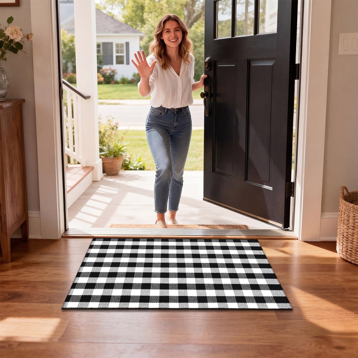 Drydiet Black and White Checkered Area Rug 27.5" x 43" Cotton Woven Washable Buffalo Plaid Outdoor Rug for Layered Door Mat Farmhouse Front Porch Entryway Indoor Outdoor