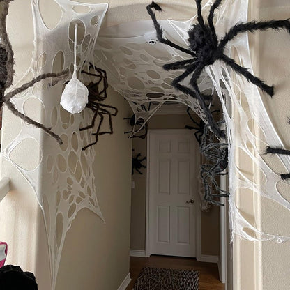 CESOF Giant Spider Web Halloween Decorations Outdoor, Pre-Cut Beef Netting Spiderwebs Super Stretchy DIY Spider Webbing with Stakes, Gauze Cobwebs for Haunted House Yard Garden Home Indoor Party Decor
