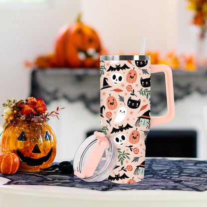 JarThenaAMCS 40oz Halloween Tumbler with Handle Straw and Lid Spooky Skull Ghost Pumpkin Travel Tumbler Coffee Cup for Holiday Party Home Office