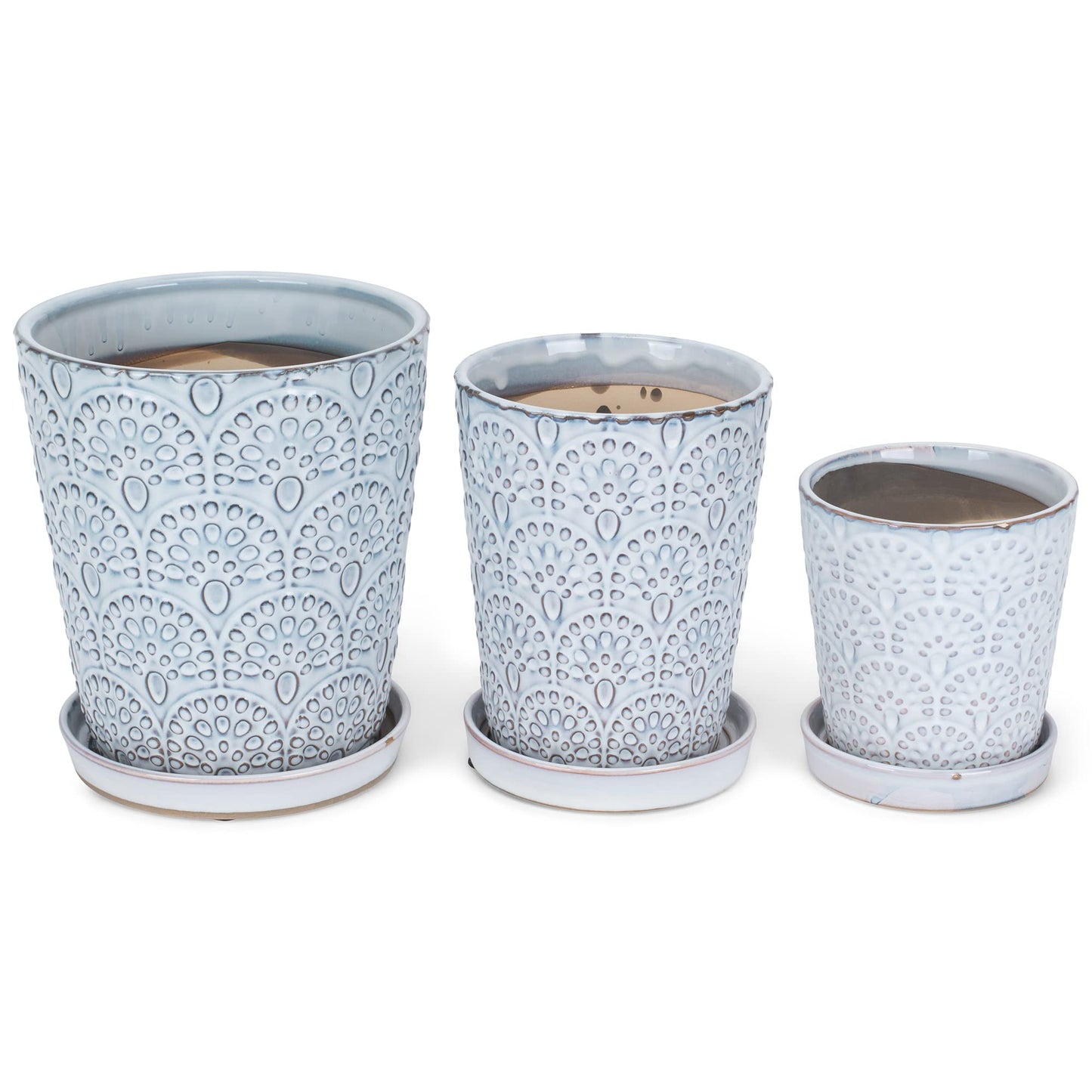 Napco Embossed Scallops White Ceramic Flower Pot Planter with Saucer Set of 3