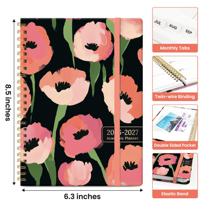 Planner 2026-2027, Academic Year Weekly and Monthly Calender Planner, from Jul 2026 - Jun 2027, Spiral Bound School Planning Book, Perfect for Teacher, Student, Women & Men, A5 (6.3" x 8.5"), Midnight Poppies