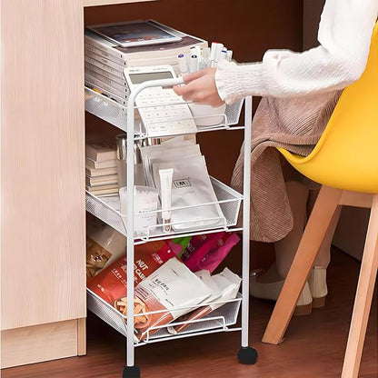 Storage Carts 3-Tier, Metal Utility Rolling Cart with Wheels, Snack Shelves, Fruit Basket Stand for Living Room, Kitchen, Office, with 360° Wheels & Hooks, White