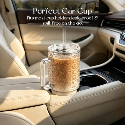 KEMORELA 24 Oz Ribbed Glass Tumblers with Lids and Straws, Tumbler Cup with Handle, Iced Coffee Glassware, Clear Reusable Drinkware for Smoothies and Beverages(1)