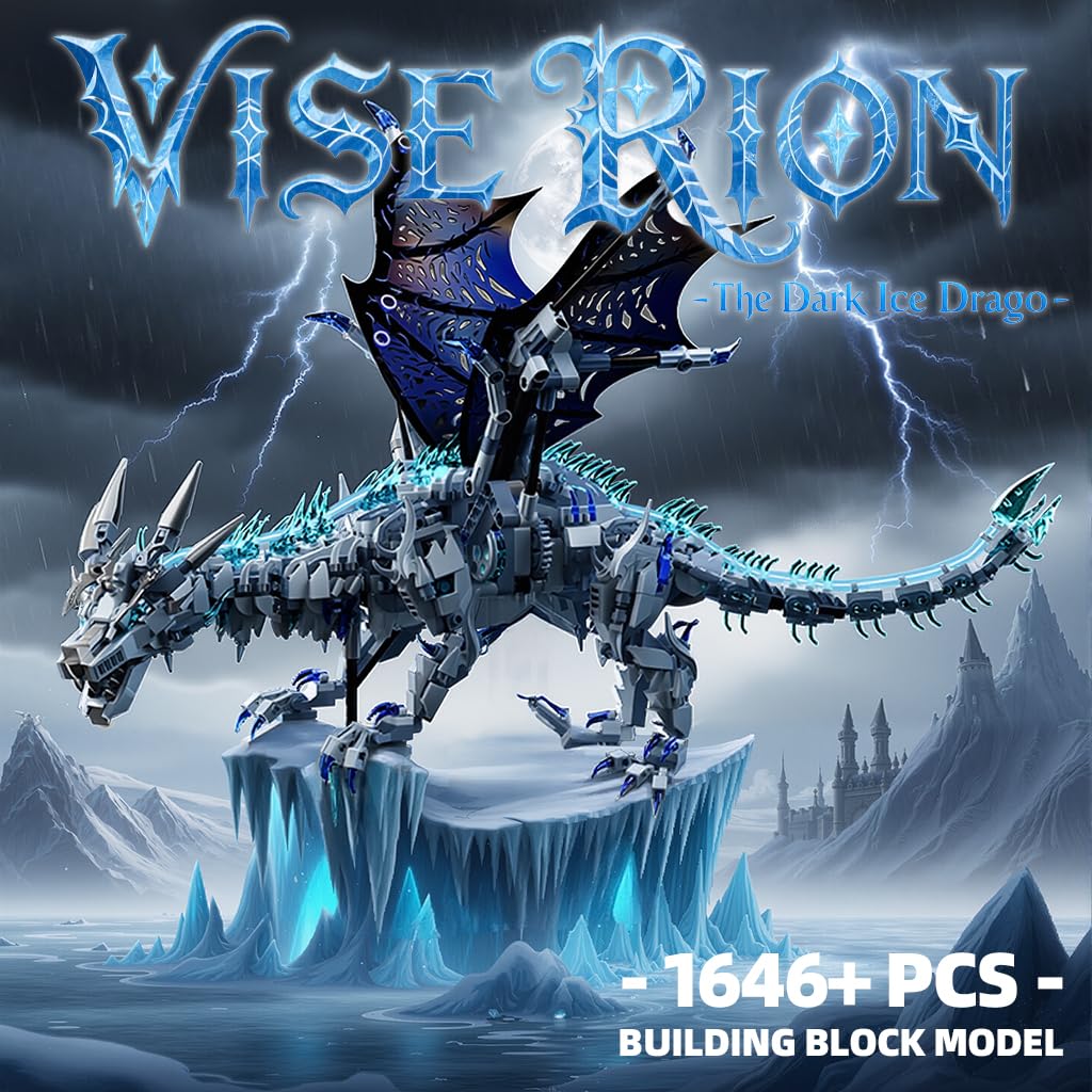 Myth Qholve Mechanical Dark Ice Dragon Building Block Set with Motor & Hand Crank Motion Movable Head, Wings & Limbs Fantasy Dragon Model Kit for Teens & Adults