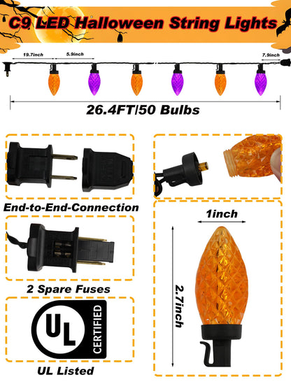 Halloween C9 String Lights Outdoor, 26.4Ft C9 Halloween Decorations Lights with 50 LED Orange and Purple Lights Waterproof, Hanging Plug in Lights String for Outside Holiday Party Patio Yard Decor