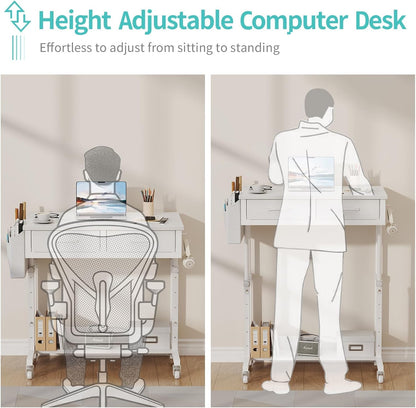 Small White Portable Rolling Desk - 32 Inch Adjustable Mobile Standing Teacher Desks with 2 Fabric Drawers on Wheels, Couch Sofa Side Laptop Table with Storage for Bedroom Home Office, White