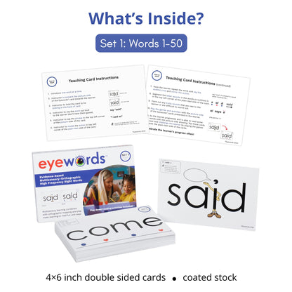 Eyewords Sight Word Flash Cards with Sound Mapping & Phonics, Set 1 (High-Frequency Words 1–50) - Picture-Embedded, Multisensory Learning for Pre K - Grade 3 - Homeschool & Classroom Use - Model EW-25