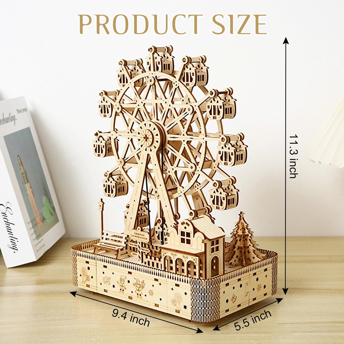 Foyucool Wooden 3D Puzzle for Adults - DIY Ferris Wheel Model Kit with Music Box & LED Lights, Mechanical Assembly Building Set, Creative Craft Gift for Friends and Family, Age 14+