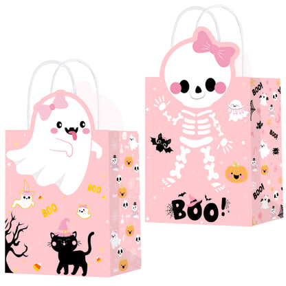 C L cooper life Halloween Party Tote Gift Bags with Handles 12pcs Pink Halloween Ghost Skull Candy Goodies Bags for Girls Ghost Bat Pumpkin Themed Trick or Treat Party Favor Supplies