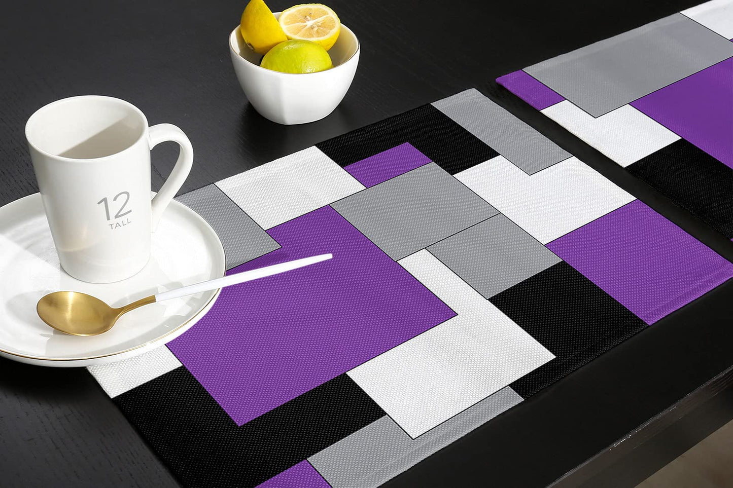 Placemats for Dining Table Set of 4, Abstract Art Patchwork Purple Black and Grey Kitchen Place Mats, Non-Slip Washable Table Mats, 13x19 in