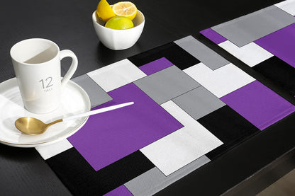 Placemats for Dining Table Set of 4, Abstract Art Patchwork Purple Black and Grey Kitchen Place Mats, Non-Slip Washable Table Mats, 13x19 in