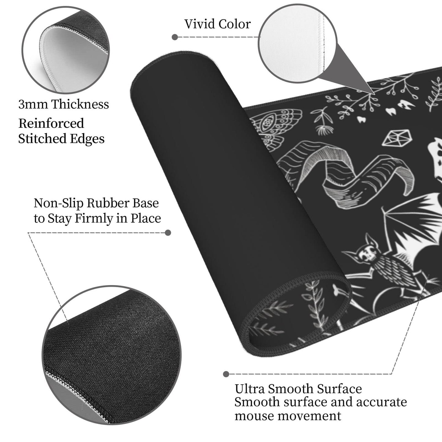 Witch Skeleton Goat Gaming Mouse Pad XL Black and White Large Extended Non Slip Rubber Base Desk Mat Stitched Edge Keyboard Mat 31.5x11.8 Inch