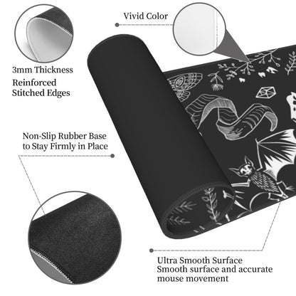 Witch Skeleton Goat Gaming Mouse Pad XL Black and White Large Extended Non Slip Rubber Base Desk Mat Stitched Edge Keyboard Mat 31.5x11.8 Inch