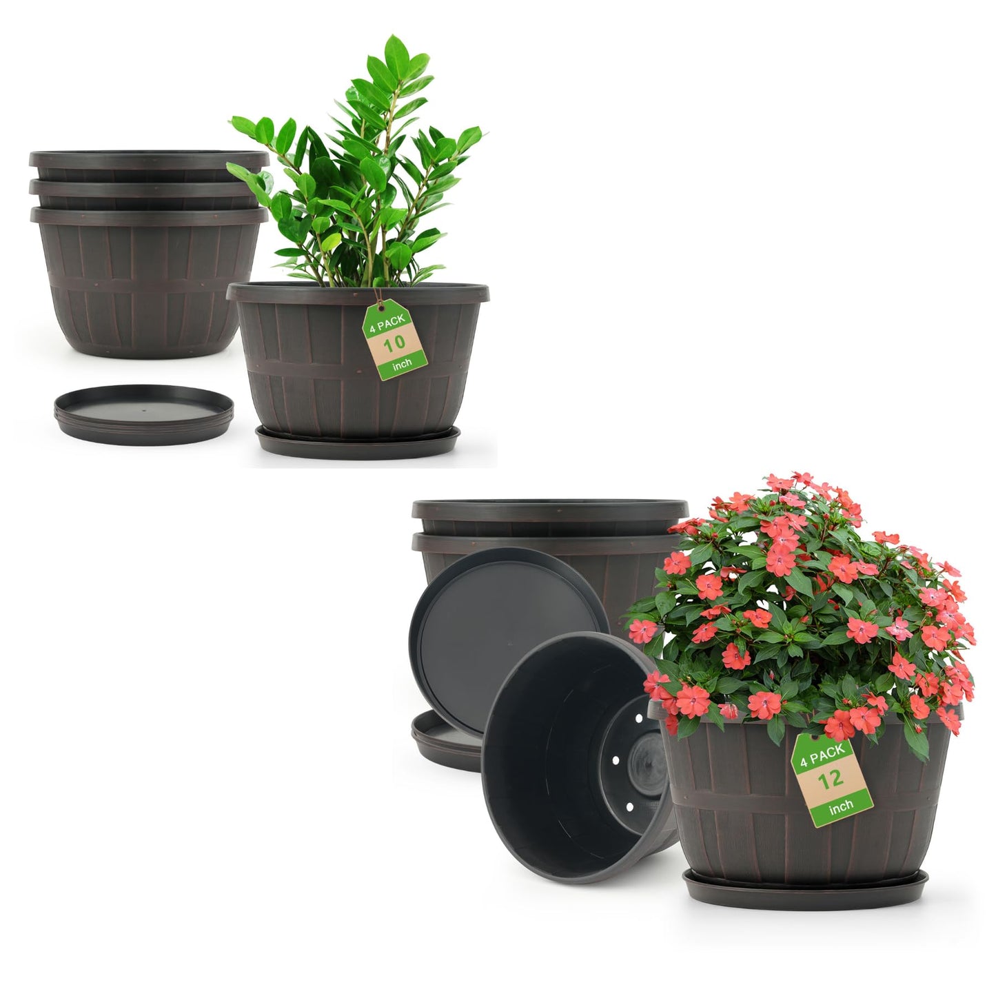Quarut 4 Pack 10 inch Pots for Plants and 4 Pack 12 inch Flower Pots with Drainage Holes and Saucer for Outdoor Indoor Plants.