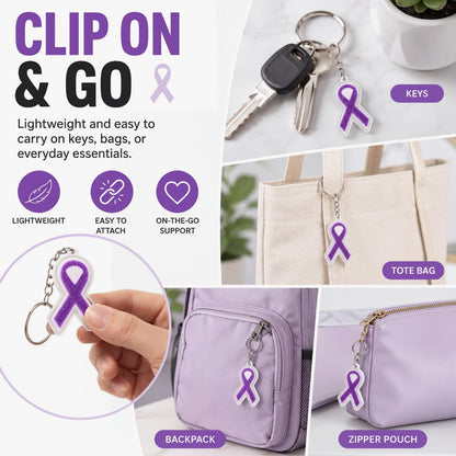 Kenning 12 Pcs Purple Ribbon Awareness 3D Sensory Clicker Fidget Keychains Bulk Support Gifts for Women Campaigns Lupus Fibromyalgia Domestic Violence Awareness Charity Fundraising Party Favors