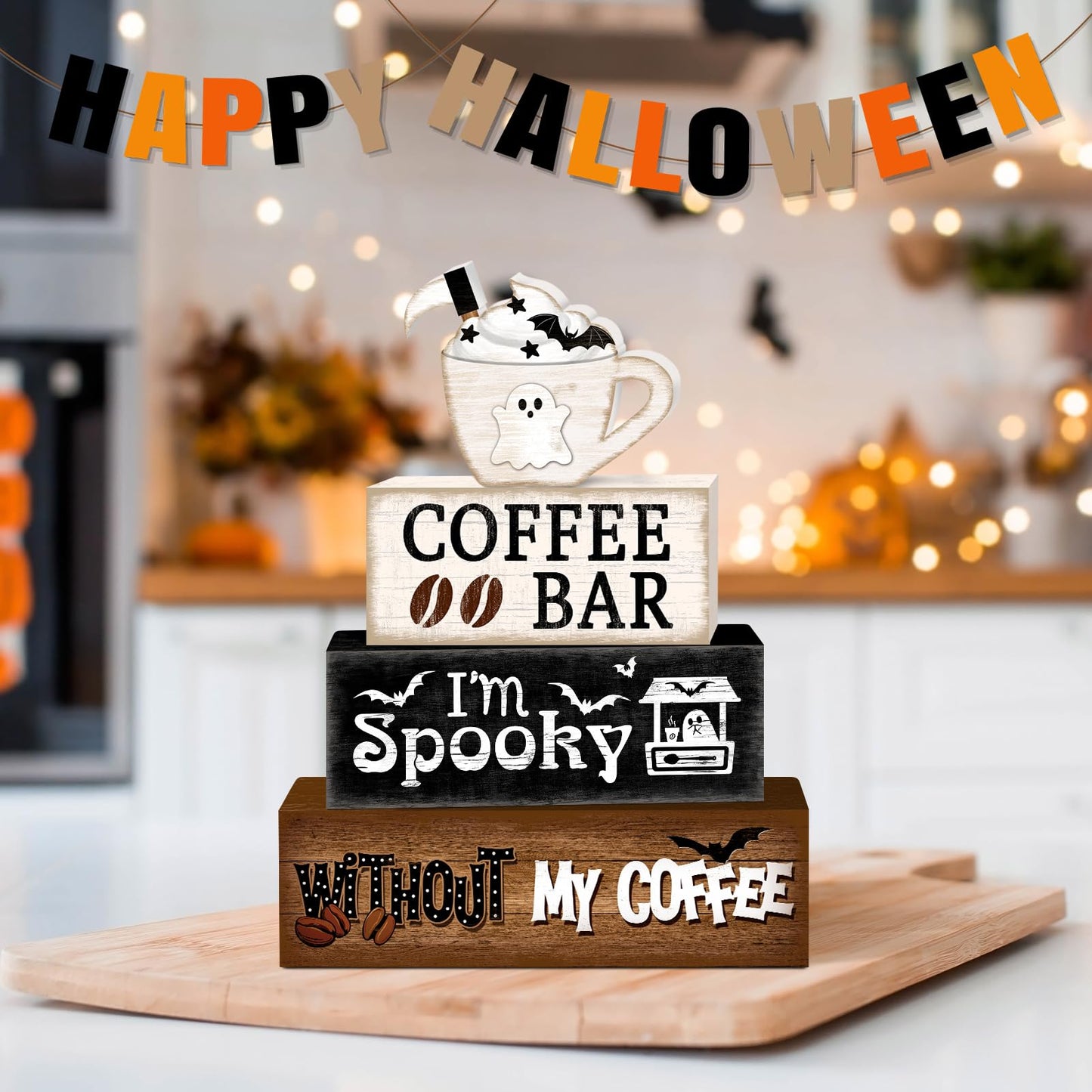 Britimes 4 Pcs Halloween Decorations for Home Coffee Ghost Table Decor Ghost Cup Tiered Tray Decorations Set Gift Rustic Farmhouse Tabletop Decor for Table & Home Office