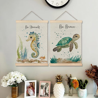 BearCake Ocean Nursery Decor, Sea Turtle Seahorse Under the Sea Wall Art Poster Hanger Frame, Inspirational Beach Nursery Canvas Prints Framed Wall Decor for Kids Room Playroom, 12x16 Inch Set of 2