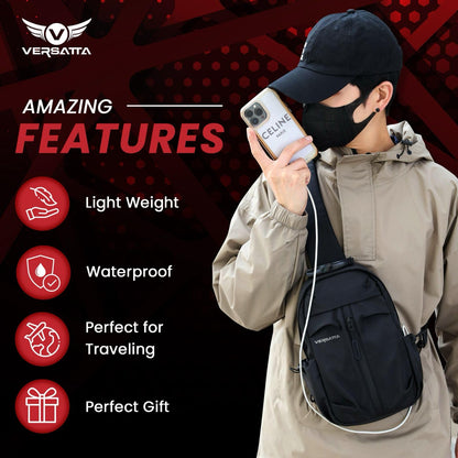 VERSATTA Small Sling Crossbody Backpack with RFID Pocket, Adjustable Shoulder Bag for Men Women, Lightweight One Strap Backpack for Hiking, Mini Travel Crossbody Bags for Women Chest Bag with USB Port