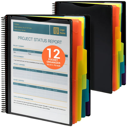 Mukawa 12 Pocket Poly Project Organizer, Spiral Project Folder Multi Pocket Folder Binder Letter Size, Back Cover Utility Pouch, 1/6 Cut Tabs, 6 Tab Color Dividers (Pack of 2)