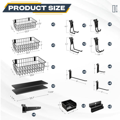 35Pcs Slatwall Accessories Kit, with Slatwall Hooks, Baskets, Shelves, Bins, Heavy Duty Slat Wall Accessory for Garage Organization, Workshop & Utility Room