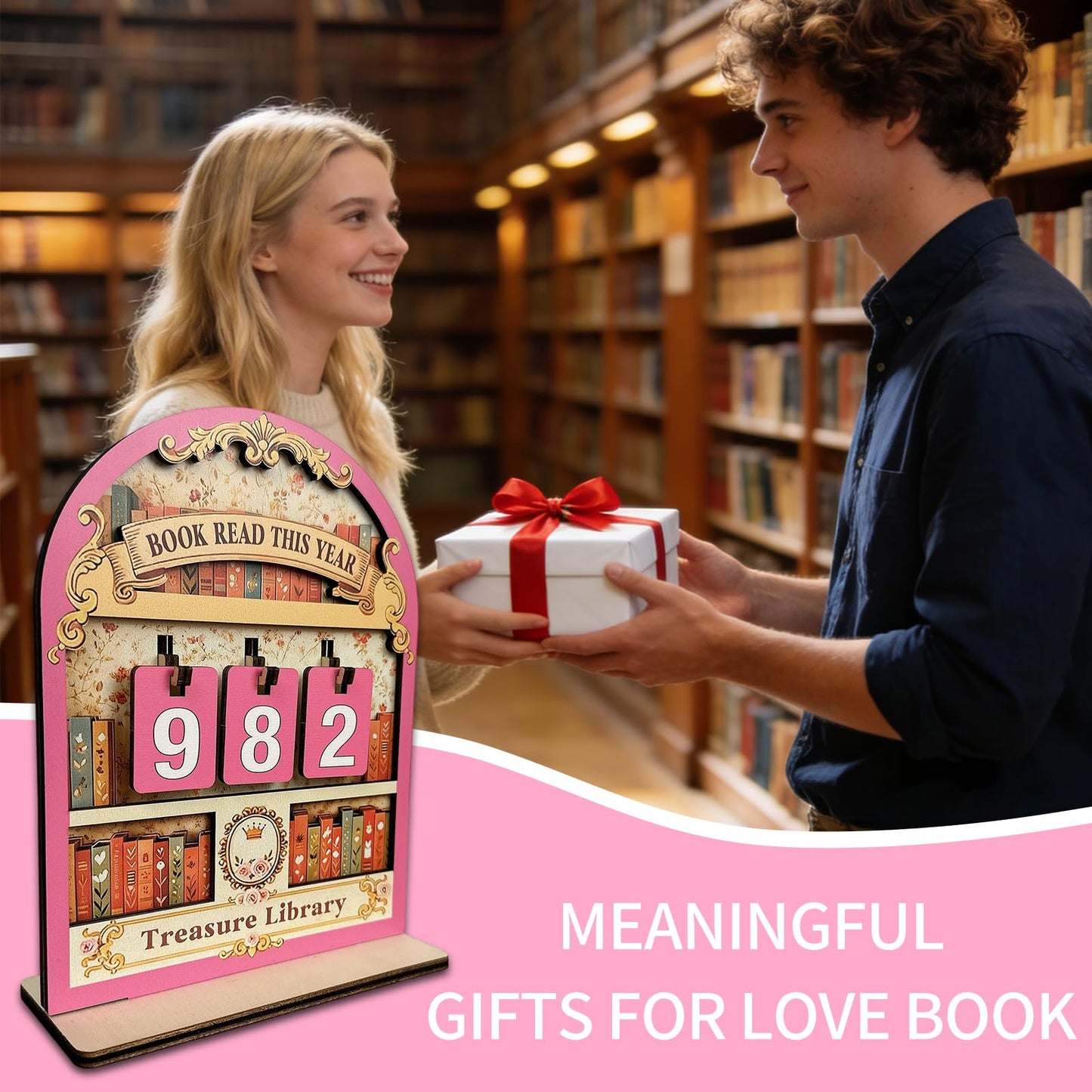 Bookish Reading Tracker Counter Sign, Wooden Books Read This Year Display, Book Lover Gift for Librarian, Reader, Teacher, Women, Wall and Table Decor for Home Library, Teachers, Book Lovers（pink）