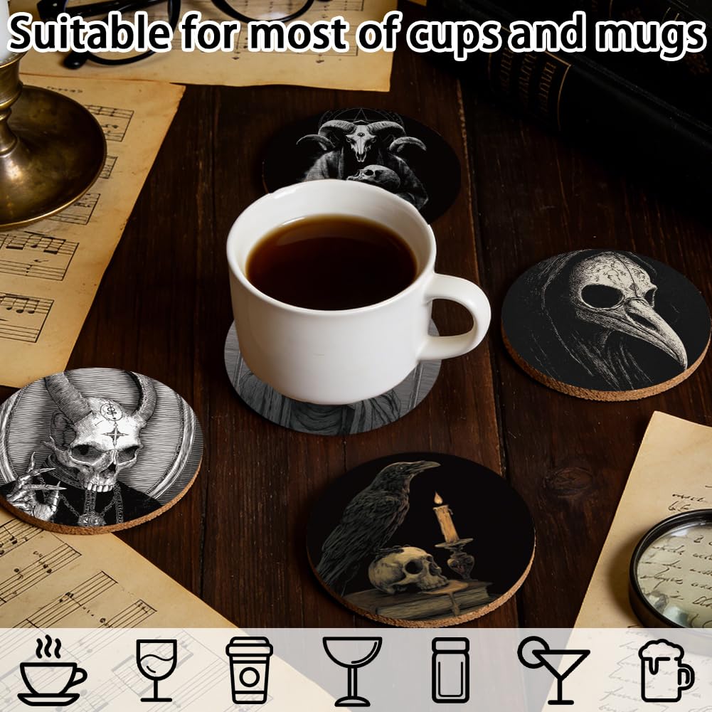 SUPERDANT 9 pcs Gothic Wood Coasters Set Skull Raven Black Cat Design Easy Clean Halloween Housewarming Gift for Bar Kitchen 10x10cm