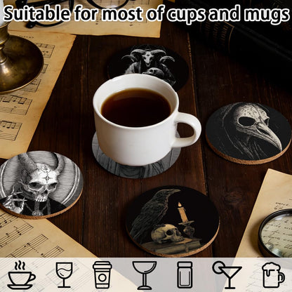 SUPERDANT 9 pcs Gothic Wood Coasters Set Skull Raven Black Cat Design Easy Clean Halloween Housewarming Gift for Bar Kitchen 10x10cm