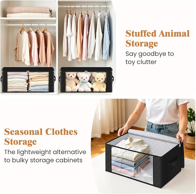 Fab totes 35L Closet Organizers and Storage, Foldable Under Bed Storage Containers, Storage bags for Organizing Bedroom, Closet, Clothing,Organization with Handle (4 Pack,Black)