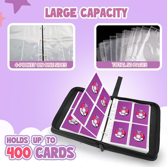 Collectible Trading Card Albums, 400 Card Holders with 50 Removable Sleeves, Portable 4 Pockets Collectible Trading Card Binder, PU Card Collection Binder for MTG, TCG, Sport Card, Game Cards