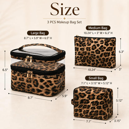 imerelez 3PCS PU Leather Makeup Bag, Large Travel Cosmetic Pouch, Cute Toiletry Organizer for Women, Set of 3