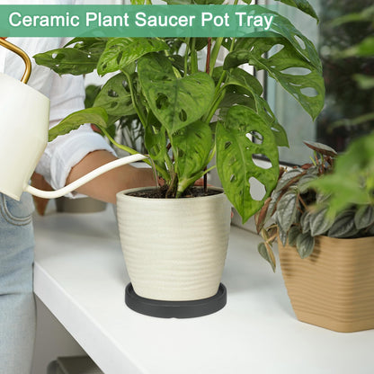 M METERXITY 2-Pack Ceramic Plant Saucer, 6.3 Inch Plant Water Catcher Tray, Plant Pot Saucers for Indoor/Outdoor Plants/Flower Drainage Drip Water Tray [Round Black]