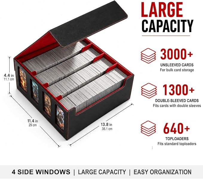 3200+ High-Capacity Card Display Storage Box, 4-Row Design (Ideal for Collectors & Beginners), Heavy-Duty Archival Case for MTG/TCG/Sports Cards （Black Red）