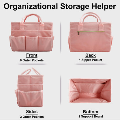 Cupohus Art Organizer Craft Storage Tote Bag with Pockets and Handles, Oxford Fabric Carrying Caddy for Teacher, Officer, Artist, Traveler, and more –Pink