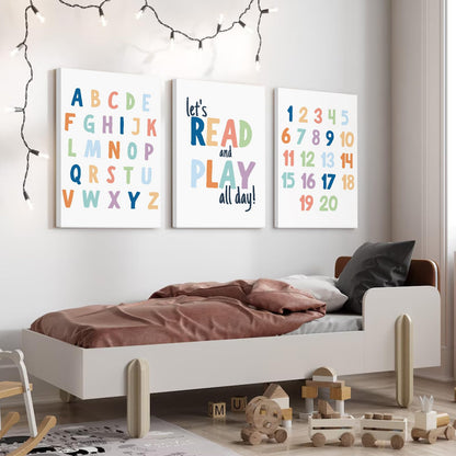 Kids Playroom Wall Art Decor Alphabet Poster Play Room Canvas Wall Decor ABC Nursery Wall Art 123 Toddler Poster Let's Read for Boy Girl Room 12x16 Inch Framed Set of 3