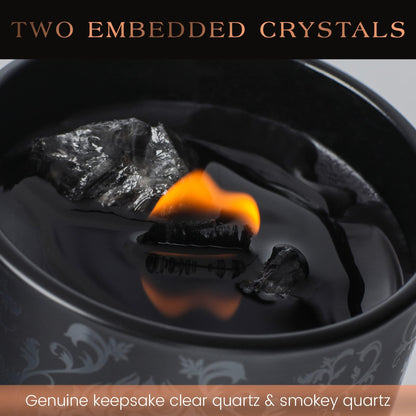 Black Orchid & Pine Moss Scented Crystal Candle - Luxury Manifestation Candle with Smoky Quartz and Clear Quartz Crystals - 7.4oz Natural Soy, Coconut & Beeswax, Wood Wick