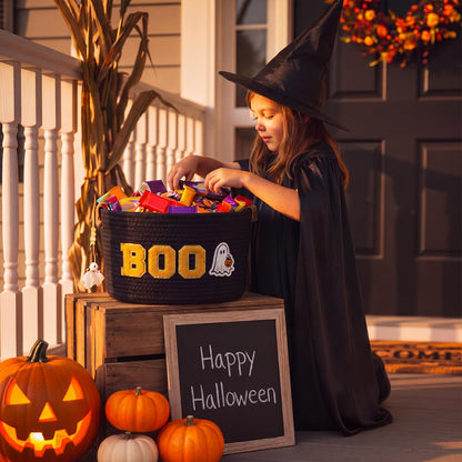 Acellegic Halloween Woven Rope Basket 13 x 8.7 x 7.9 Inch BOO Ghost Decorative Storage Basket with Ghost Pendant Halloween Candy Bowl Trick or Treat Bucket Party Favors for Home Nursery Organizer