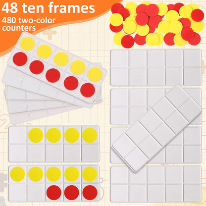 Soulchen 48 Sets Plastic Ten Frames for Classroom Math Manipulatives for Kids Classroom Math Counters Supplies Including 48 Plastic Ten Frames, 480 Counters for Teach Number Concepts (Red, Yellow)