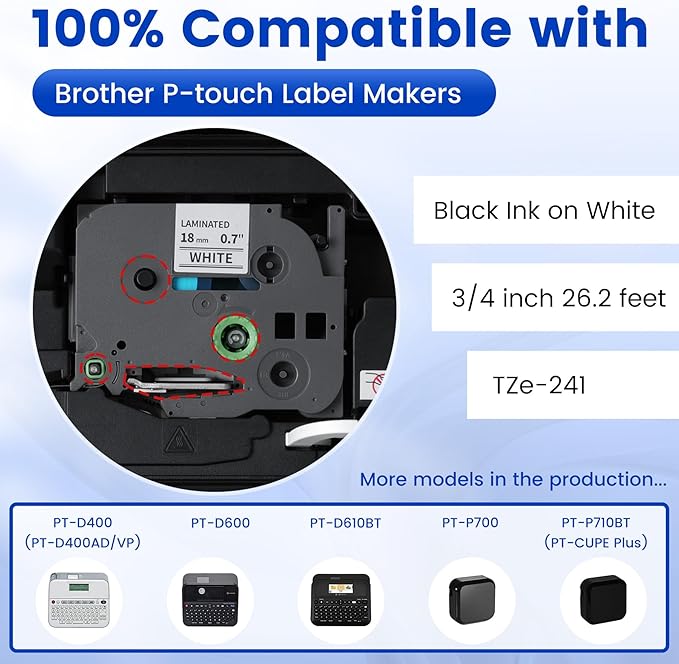 Freshworld 6-PK TZe-241 Replace for Brother Label Maker Tape 18mm 0.7 White Laminated Compatible with Brother P-Touch Label Tape 3/4'' 26.2' for PT-D400 PT-D410 PT-D600 PT-D610BT PT-E550W CUBE-Plus/XP